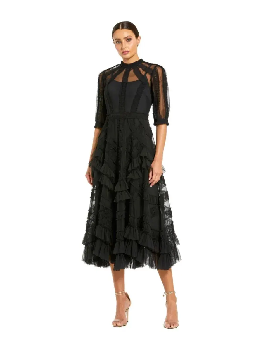Платье-миди с высокой горловиной, пышными рукавами и рюшами Petite Illusion High Neck Tiered Ruffle — изображение 1 из 3