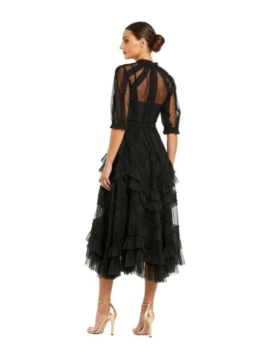 Платье-миди с высокой горловиной, пышными рукавами и рюшами Petite Illusion High Neck Tiered Ruffle — изображение 2 из 3