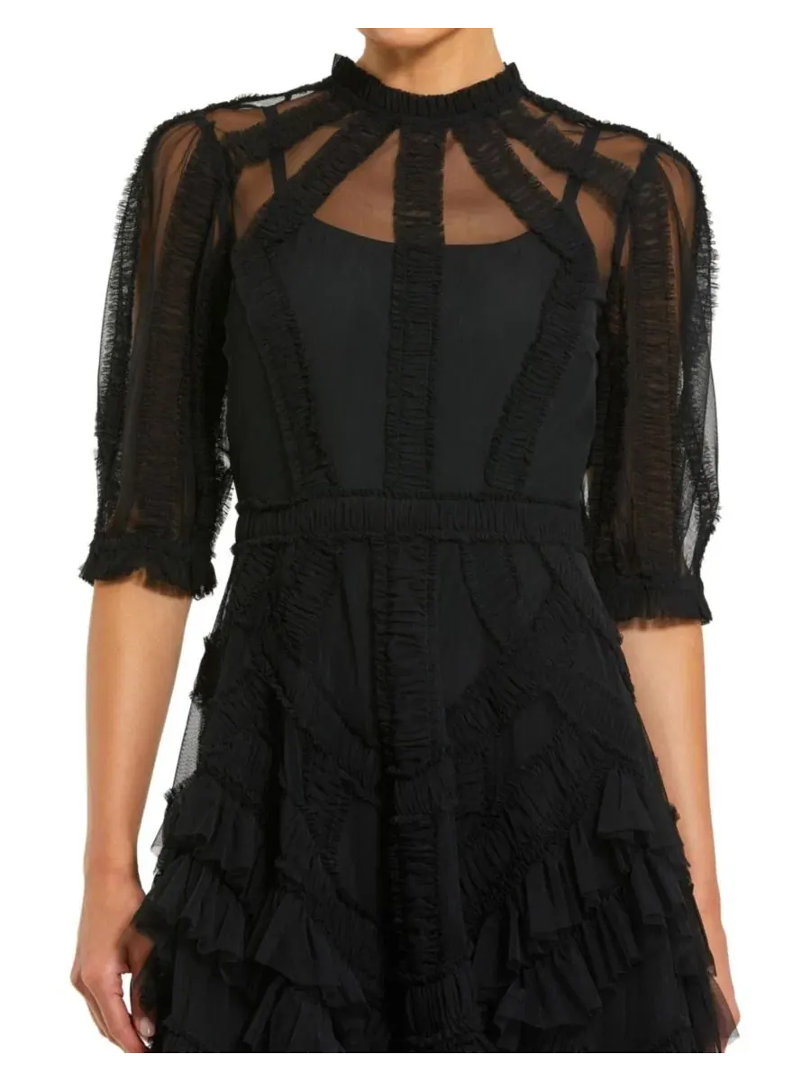 Платье-миди с высокой горловиной, пышными рукавами и рюшами Petite Illusion High Neck Tiered Ruffle — изображение 3 из 3