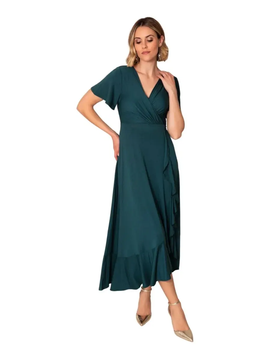 Платье-миди с запахом и воланами Waterfall Ruffle Wrap Midi Dress Alie Street London — изображение 2 из 8, зеленый