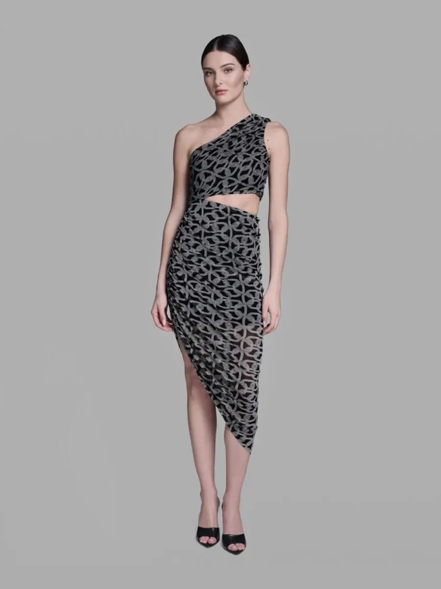 Асимметричное платье миди с геометрической сеткой, модель One-Shoulder Midi Dress BCBG — изображение 1 из 8, черный