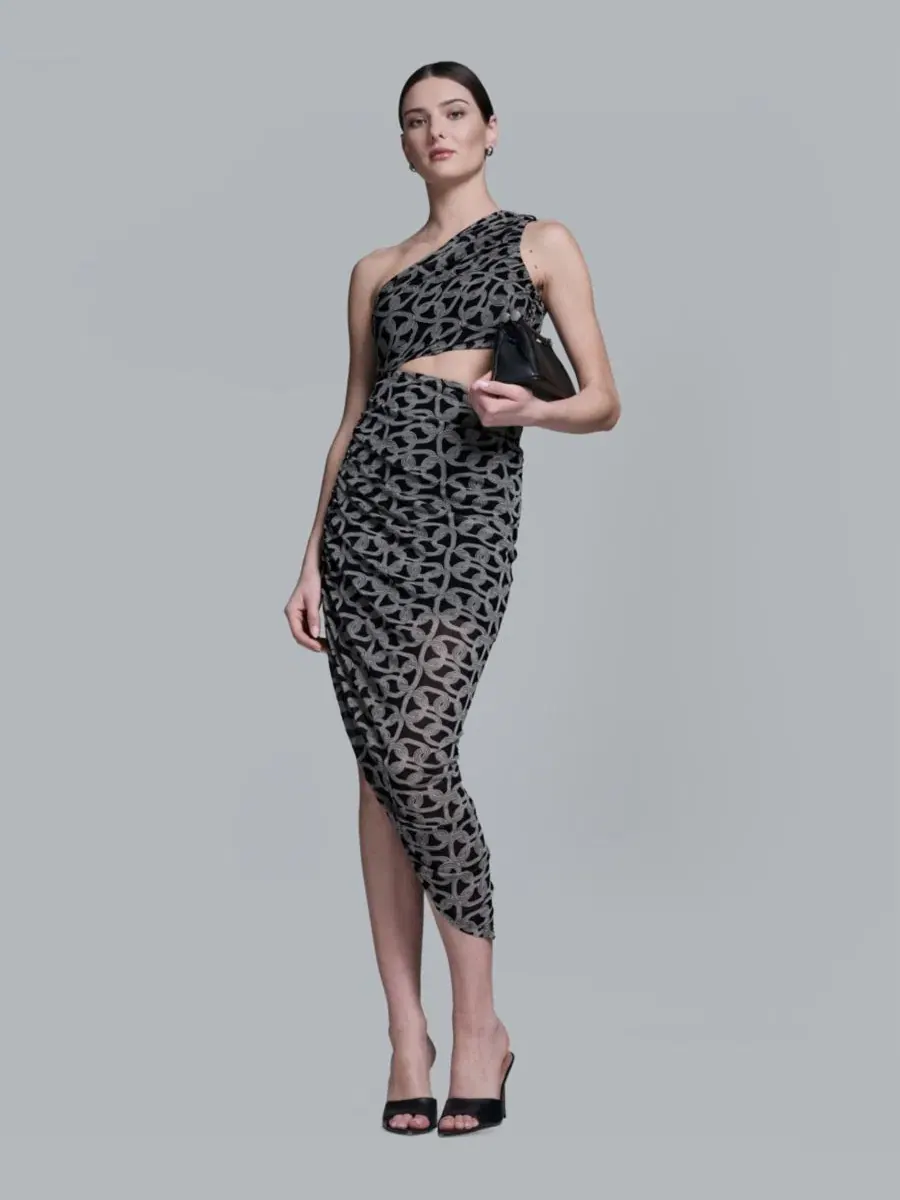 Асимметричное платье миди с геометрической сеткой, модель One-Shoulder Midi Dress BCBG — изображение 2 из 8, черный