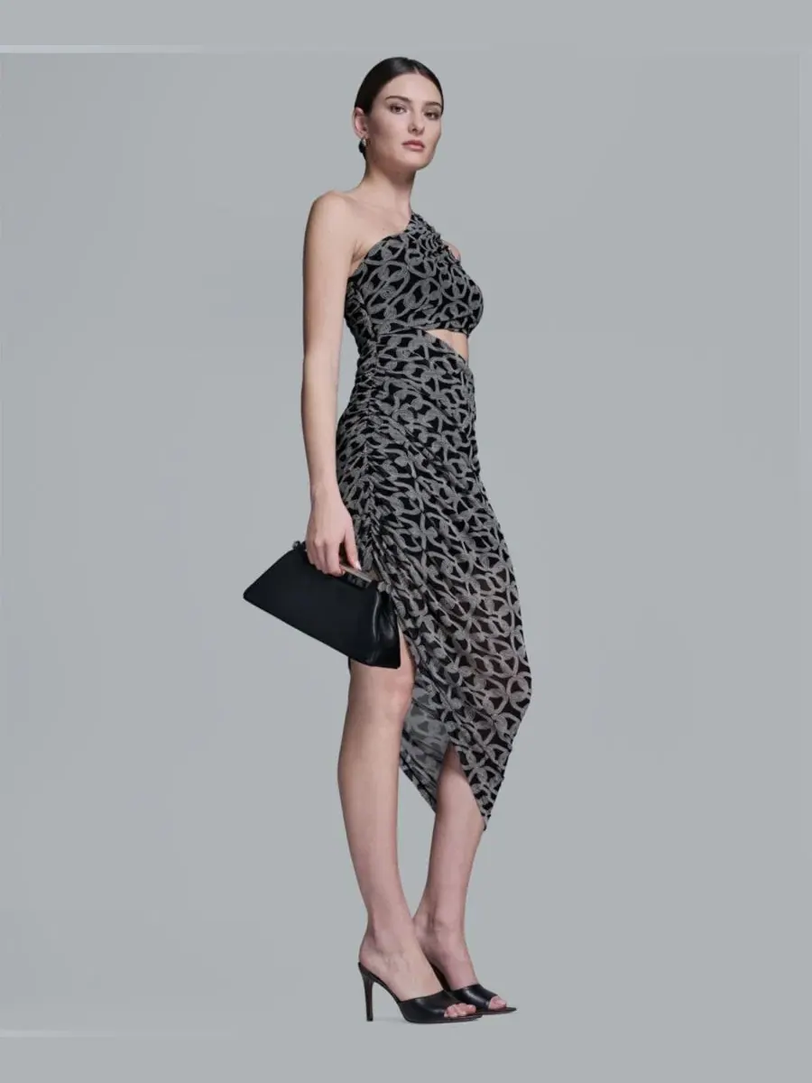 Асимметричное платье миди с геометрической сеткой, модель One-Shoulder Midi Dress BCBG — изображение 3 из 8, черный