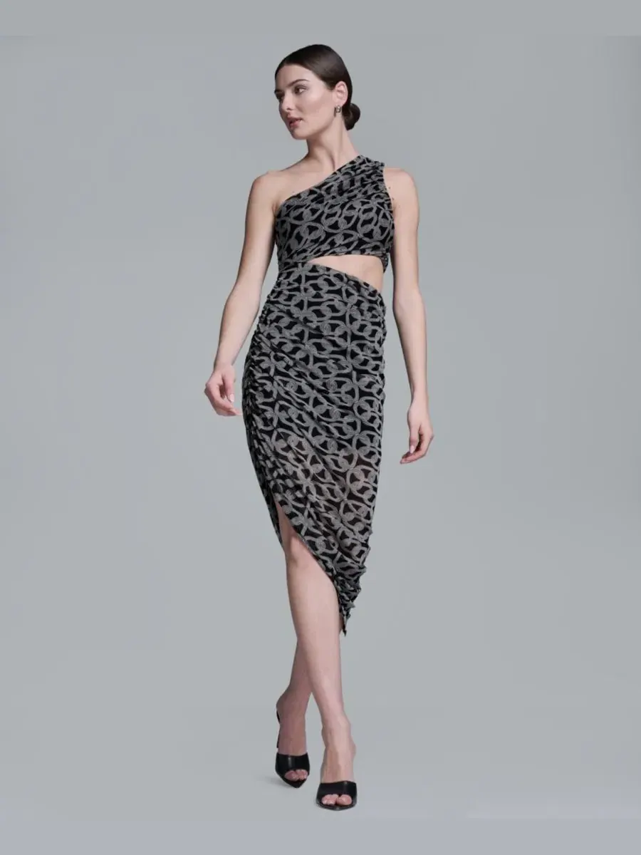 Асимметричное платье миди с геометрической сеткой, модель One-Shoulder Midi Dress BCBG — изображение 4 из 8, черный