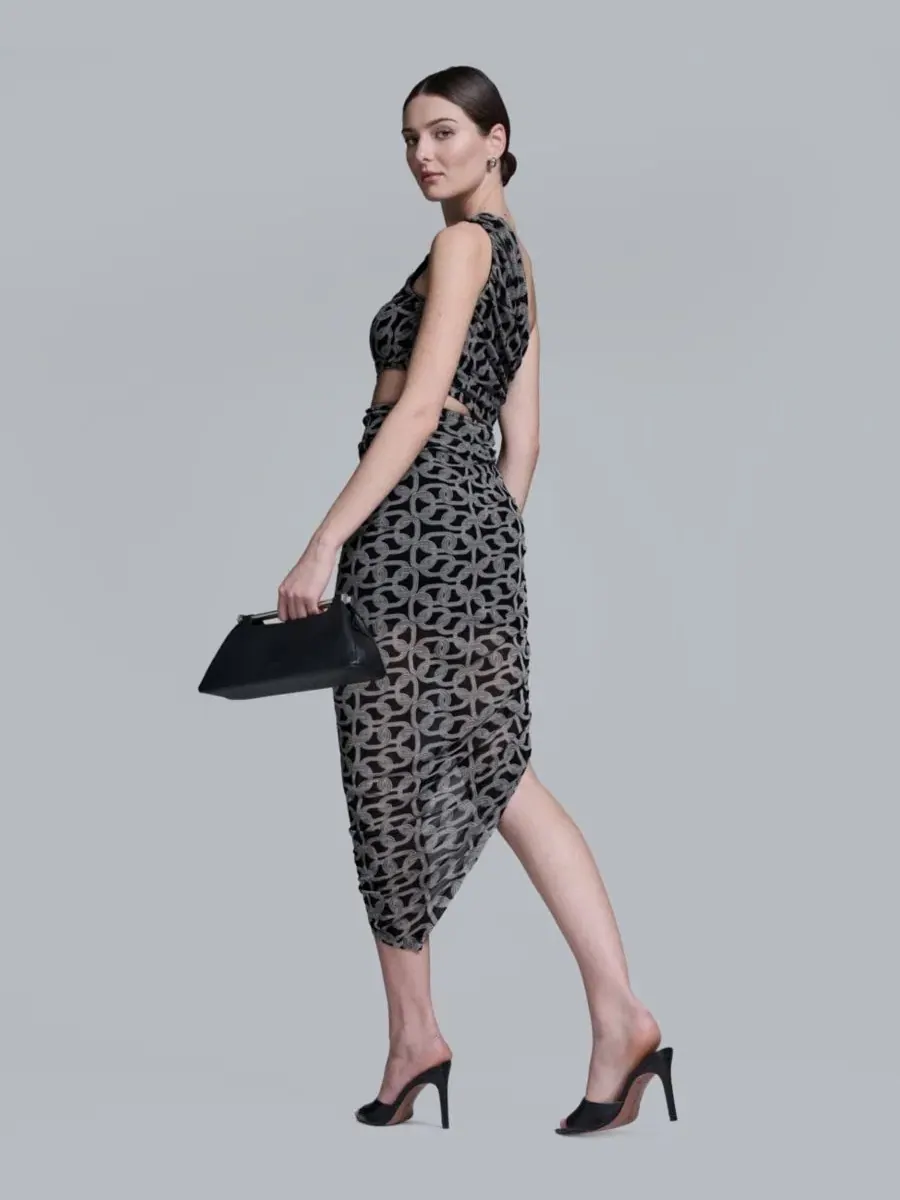 Асимметричное платье миди с геометрической сеткой, модель One-Shoulder Midi Dress BCBG — изображение 5 из 8, черный