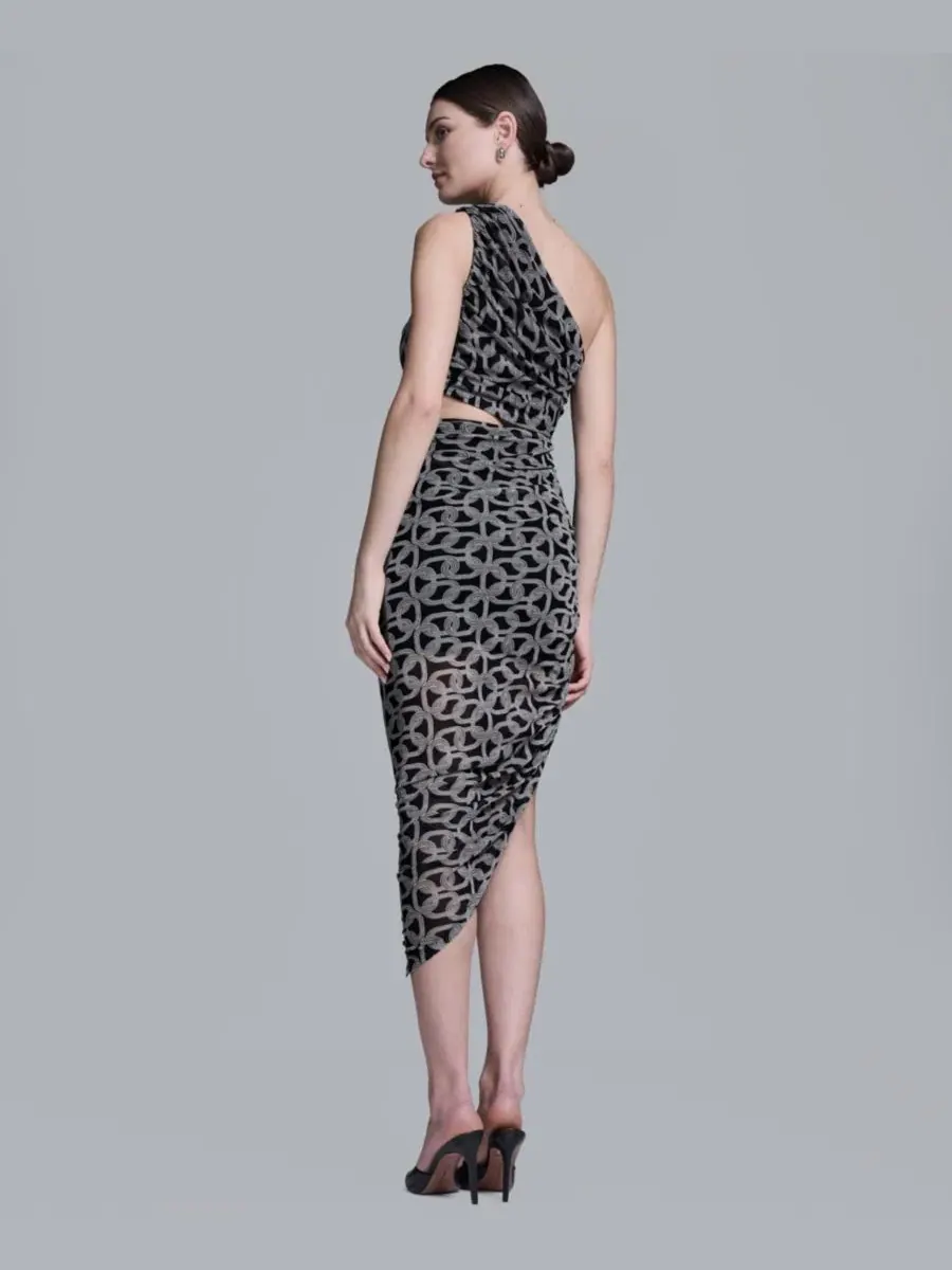 Асимметричное платье миди с геометрической сеткой, модель One-Shoulder Midi Dress BCBG — изображение 6 из 8, черный