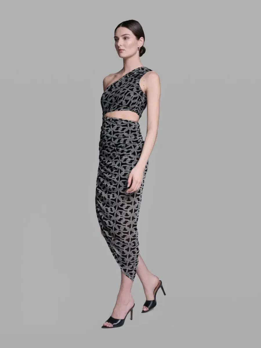 Асимметричное платье миди с геометрической сеткой, модель One-Shoulder Midi Dress BCBG — изображение 7 из 8, черный