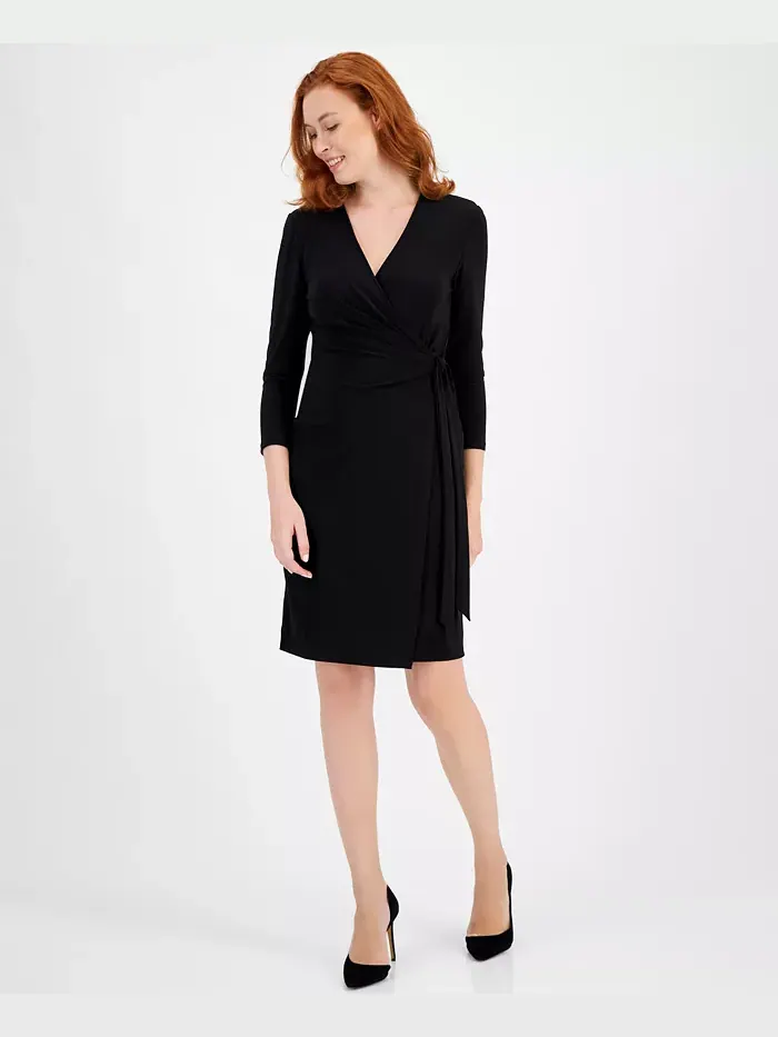 Женское платье с принтом и рукавом 3/4 на запах Anne Klein — изображение 1 из 3, черный