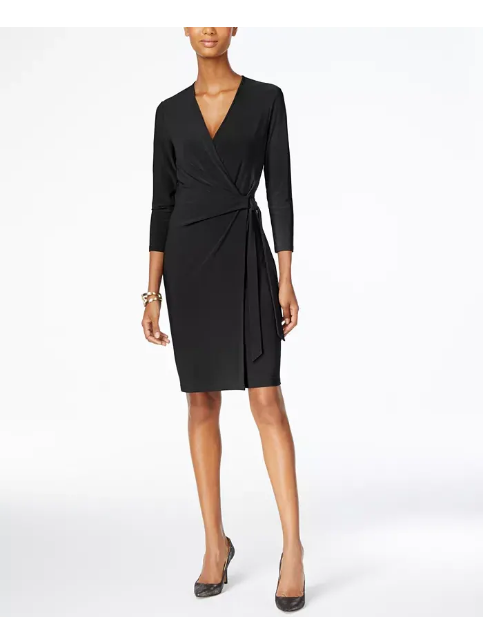 Женское платье с принтом и рукавом 3/4 на запах Anne Klein — изображение 2 из 3, черный