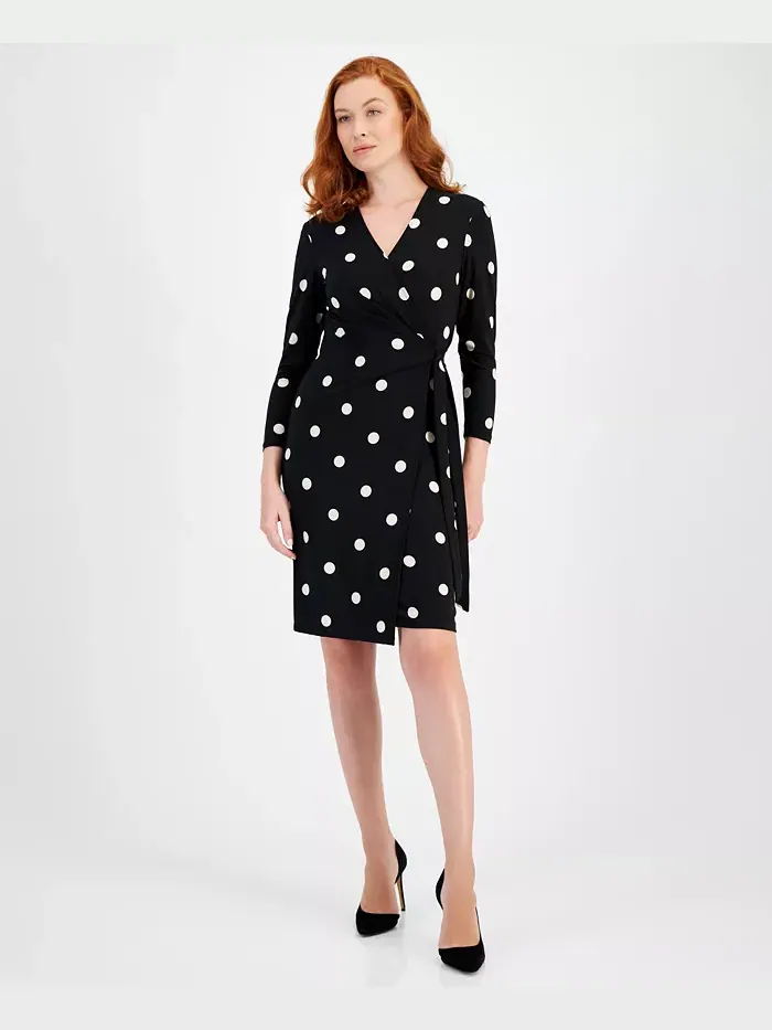 Женское платье с принтом и рукавом 3/4 на запах Anne Klein — изображение 1 из 4, черный/белый