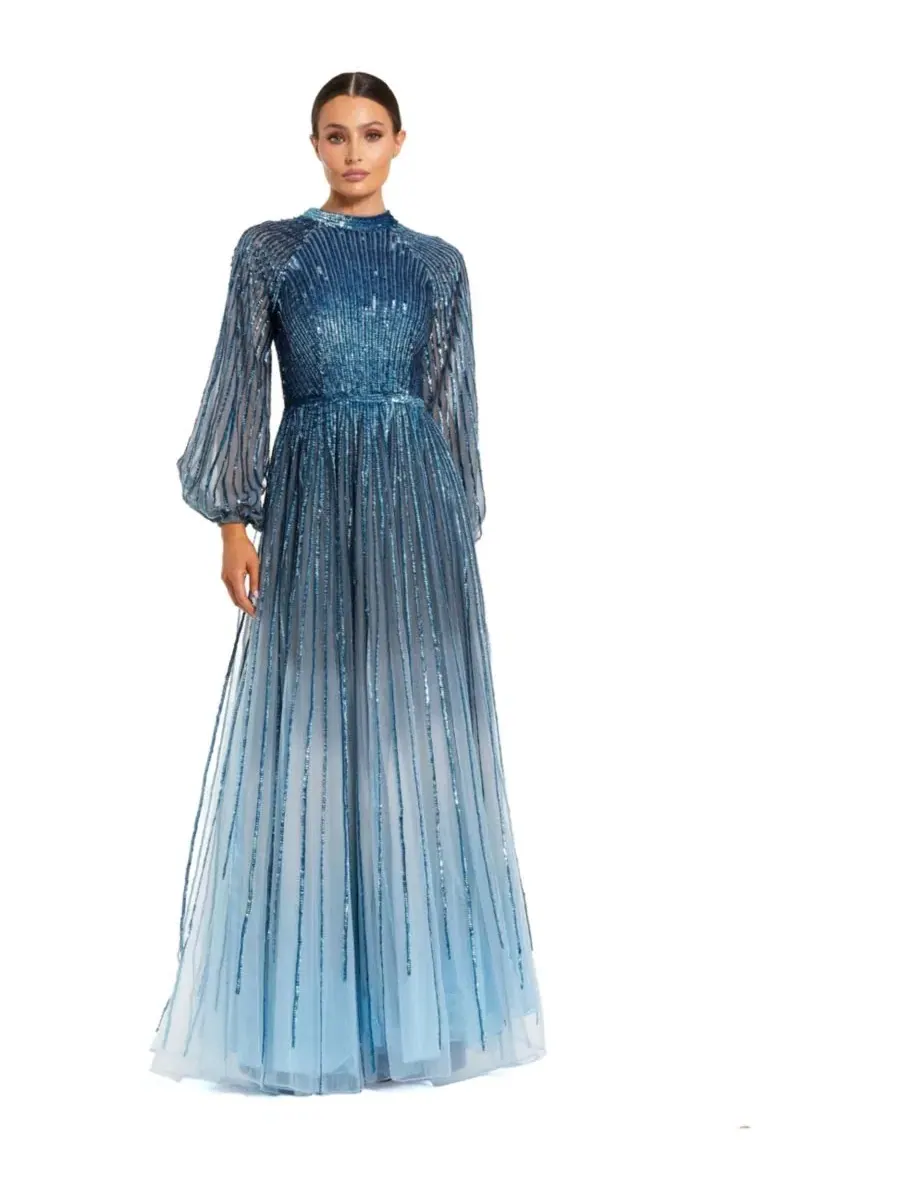 Платье-трапеция с бисером и рукавами-епископ Petite Ombre Beaded Bishop Sleeve A-Line Gown Mac — изображение 1 из 3, синий