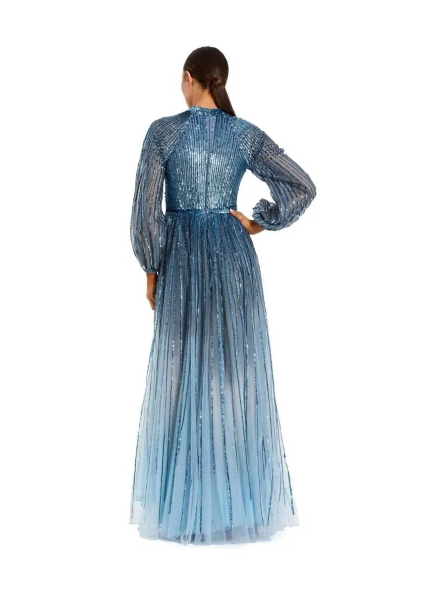 Платье-трапеция с бисером и рукавами-епископ Petite Ombre Beaded Bishop Sleeve A-Line Gown Mac — изображение 2 из 3, синий