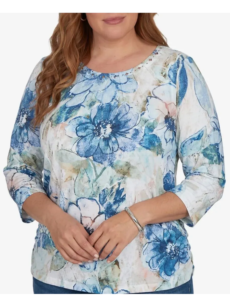 Футболка с принтом Etched Florals Alfred Dunner — изображение 4 из 5, синий мульти