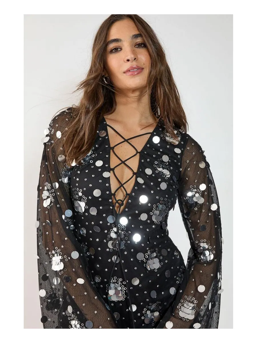 Женское мини-платье со шнуровкой и расклешенными рукавами Nasty Gal — изображение 4 из 4, черный