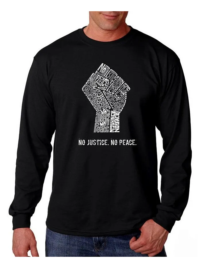 Мужская футболка с длинными рукавами и надписью No Justice, No Peace Word Art LA Pop Art — изображение 1 из 1, черный