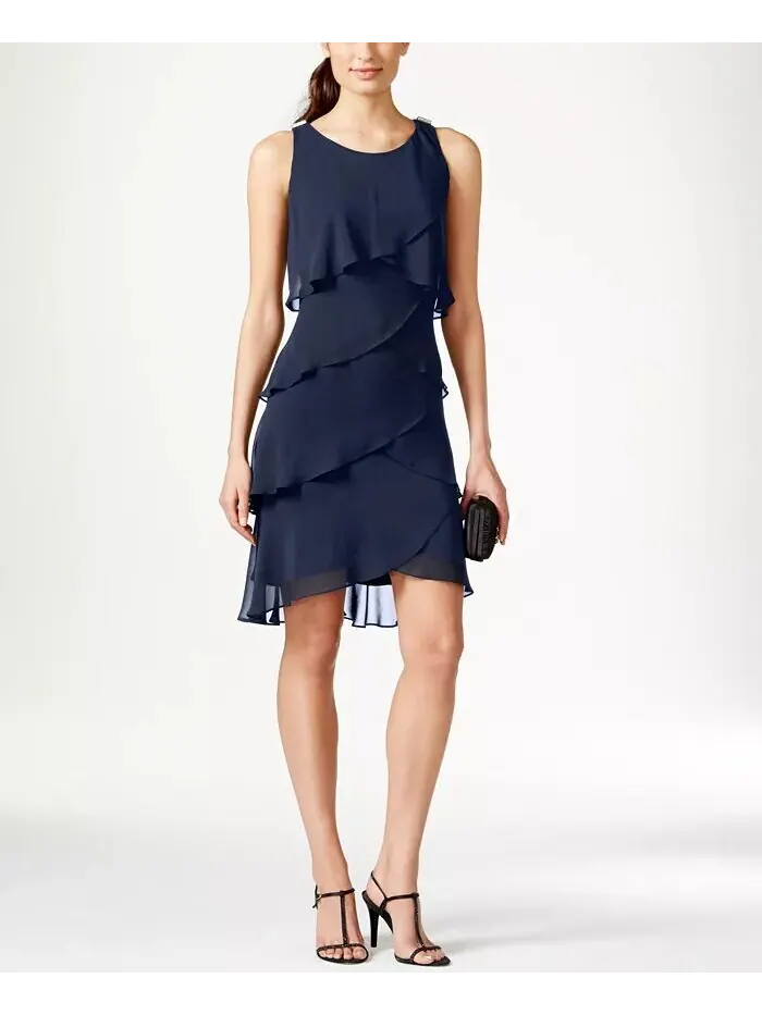 Многоярусное шифоновое платье SL Fashions — изображение 1 из 2, темно-синий