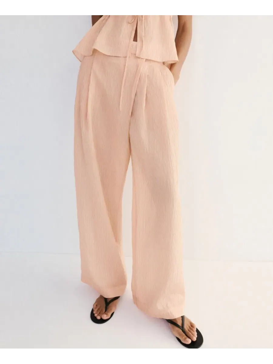 Брюки прямого кроя с запахом из смесового лиоцелла, модель Striped Lyocell MANGO — изображение 1 из 8, оранжевый