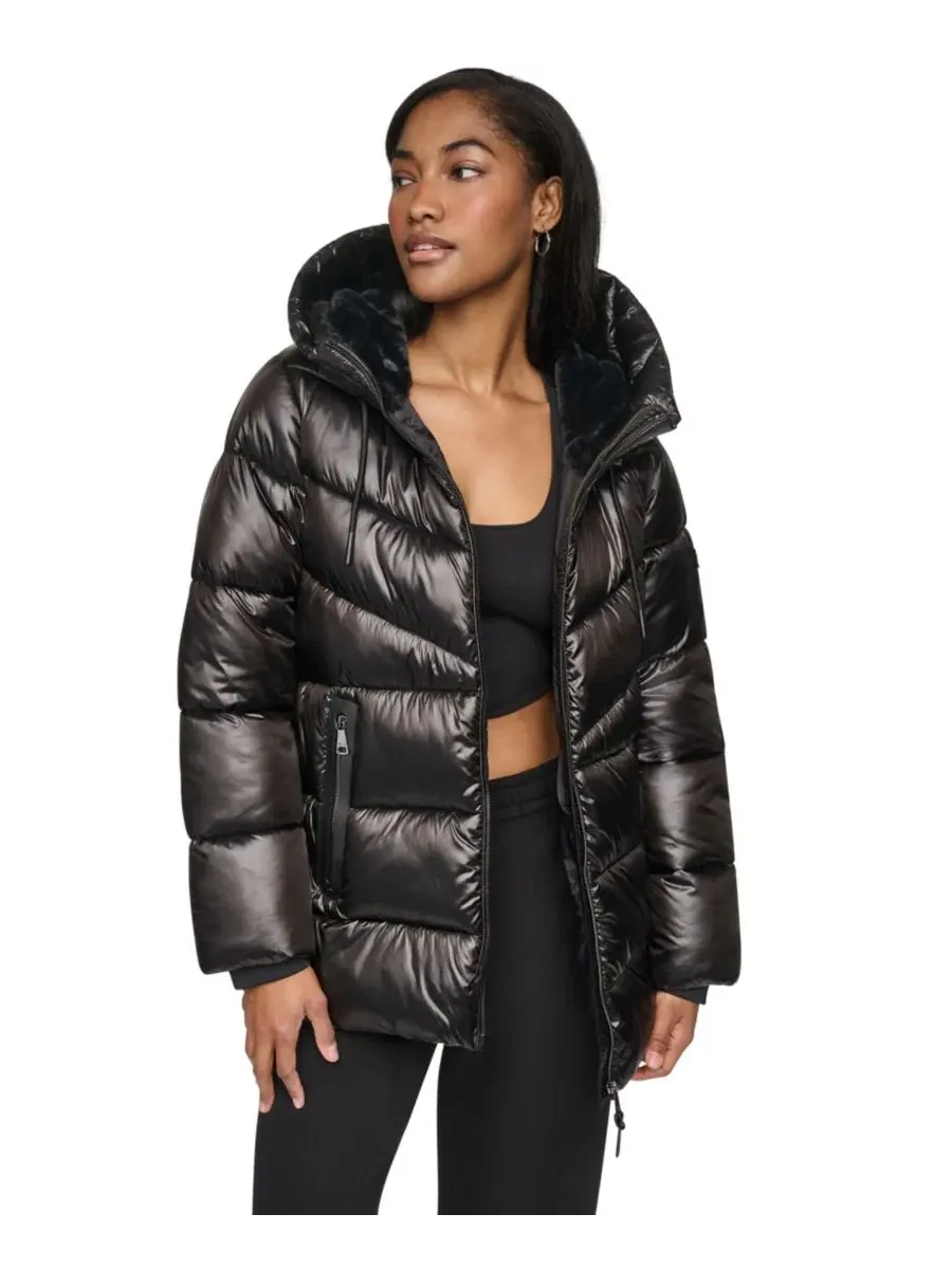 Блестящее стеганое пальто-пуховик с капюшоном Shine DKNY