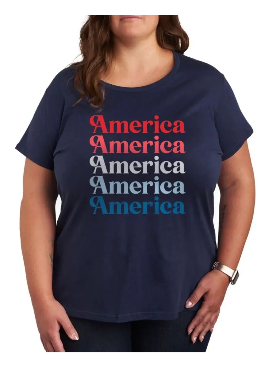 Футболка с круглым вырезом и повторяющимся графическим принтом Plus Size America Hybrid Apparel — изображение 1 из 3, синий