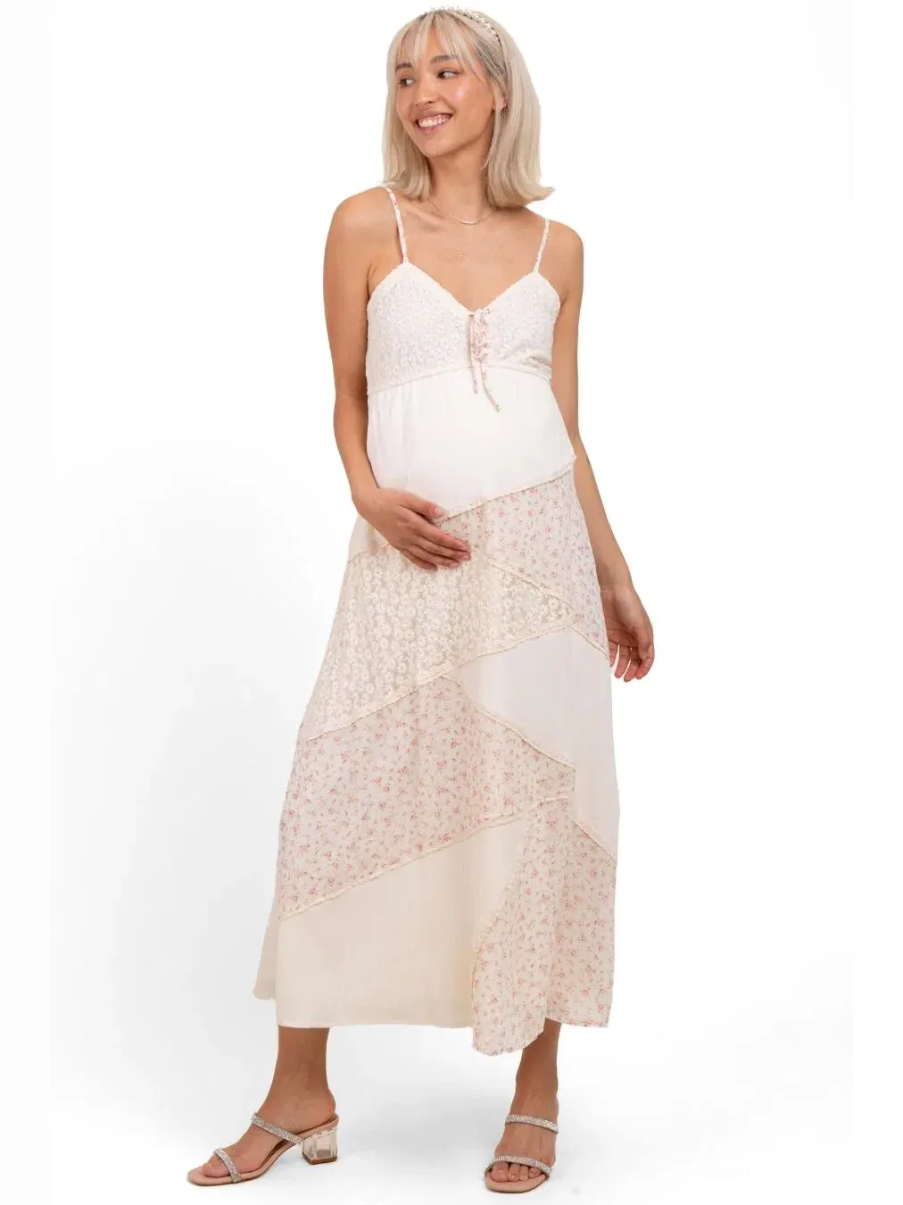 Платье для беременных с цветочным принтом, модель Floral Sweetheart Neck Midi Dress Pinkblush — изображение 1 из 3, бежевый
