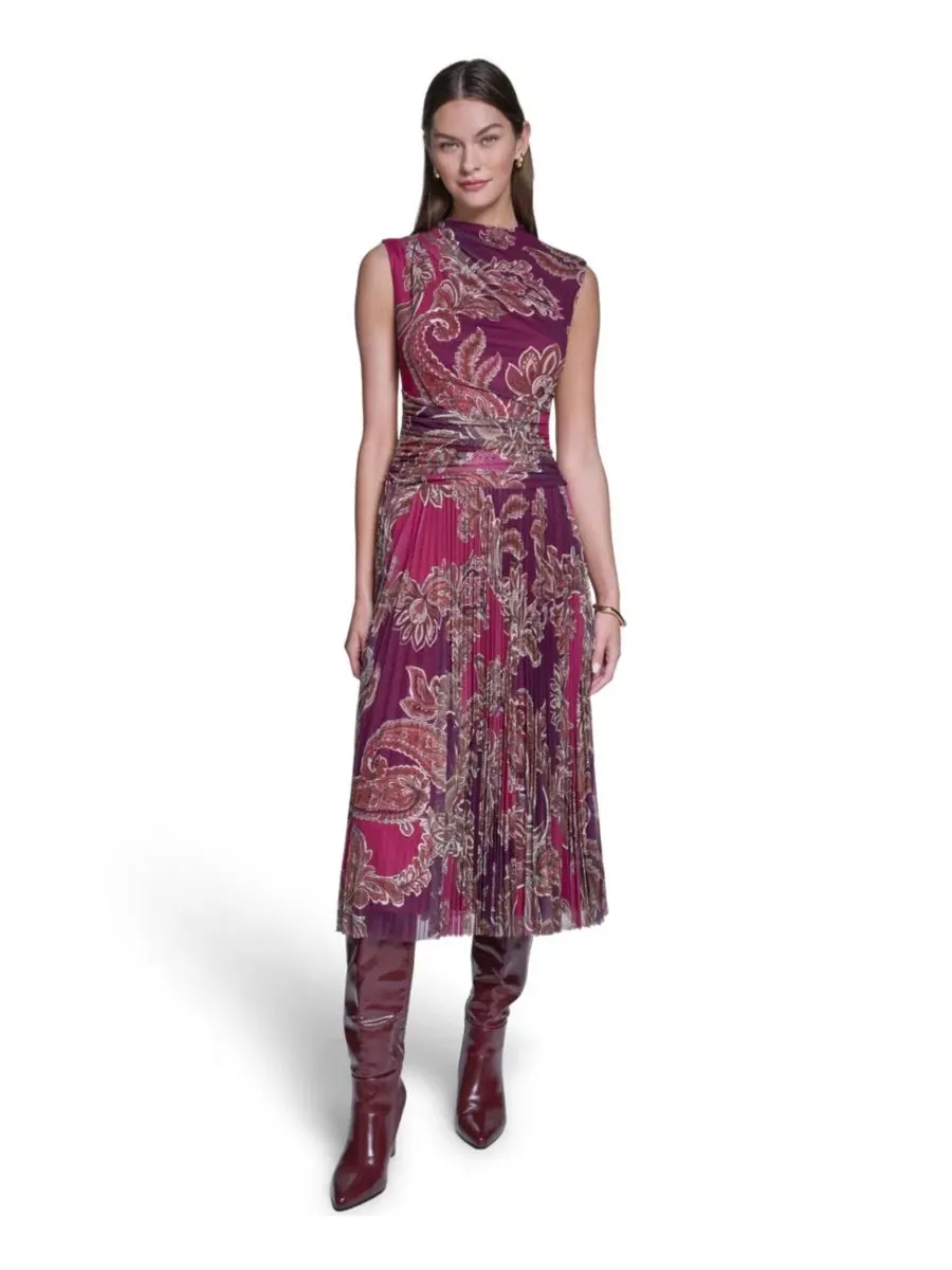 Платье миди из сетки с принтом пейсли, модель Mock Neck Mesh Midi Dress Halston — изображение 1 из 5, глубокий/мульти