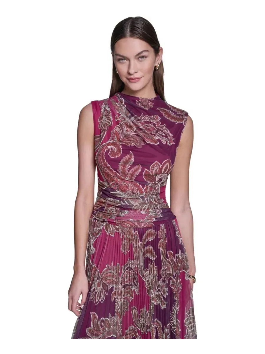 Платье миди из сетки с принтом пейсли, модель Mock Neck Mesh Midi Dress Halston — изображение 2 из 5, глубокий/мульти