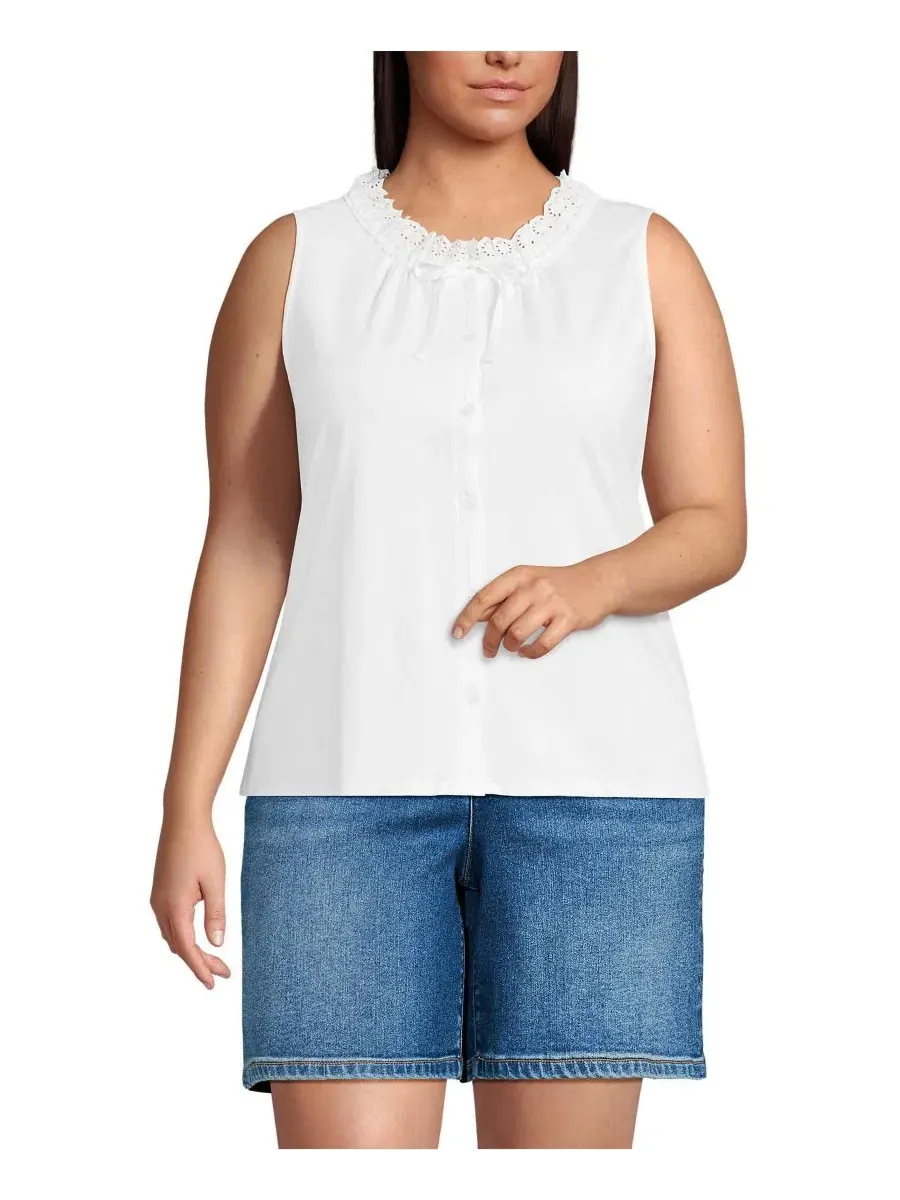Топ с кружевной отделкой и пуговицами Plus Size Lightweight Jersey Button Front Lace Trim Tank — изображение 1 из 4, белый