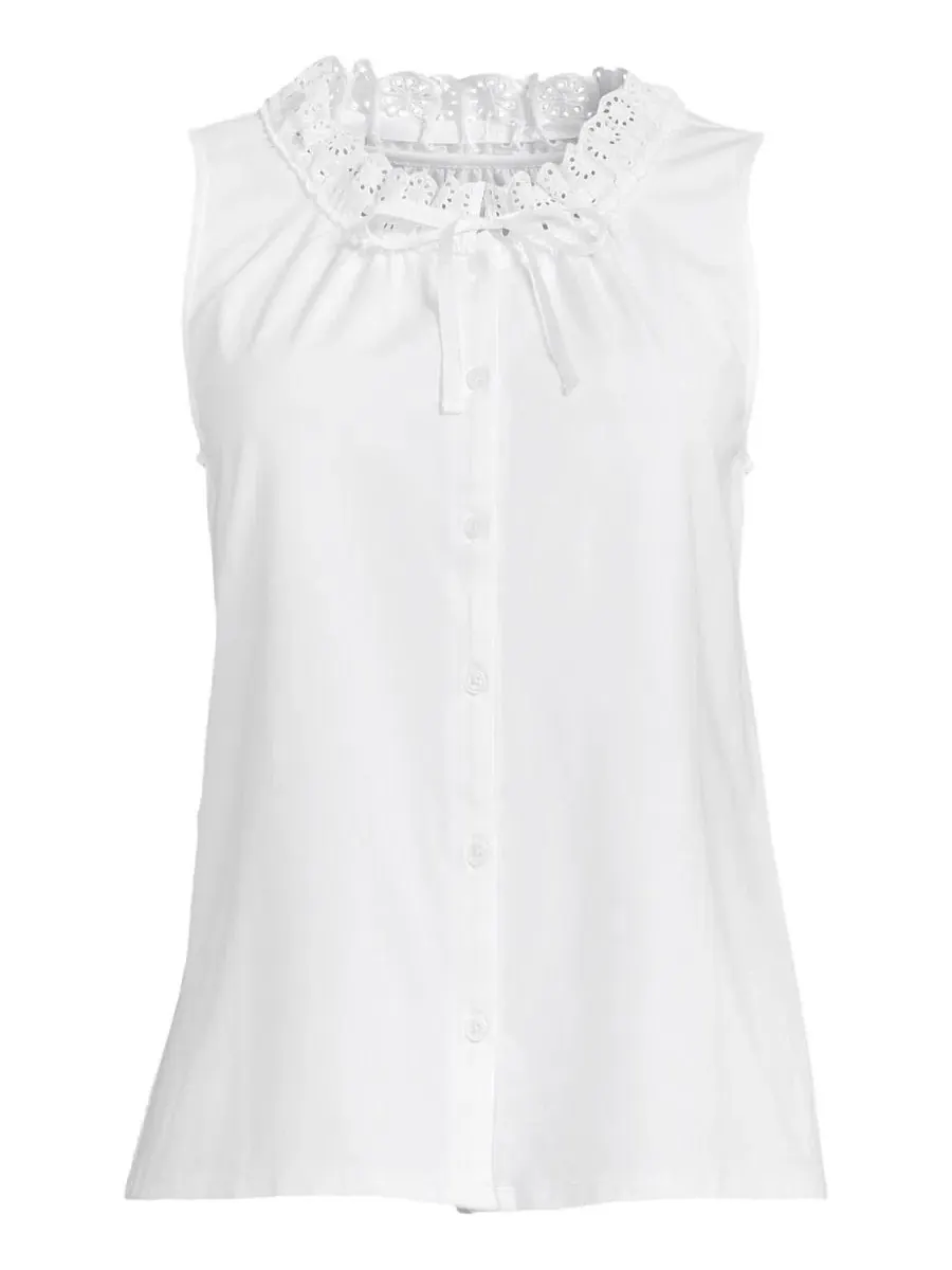 Топ с кружевной отделкой и пуговицами Plus Size Lightweight Jersey Button Front Lace Trim Tank — изображение 3 из 4, белый