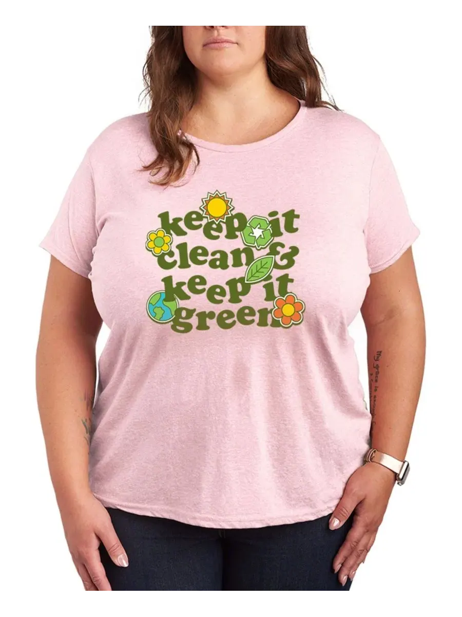 Футболка с графическим принтом Keep Clean Keep Green, Plus Size Hybrid Apparel — изображение 1 из 3, розовый