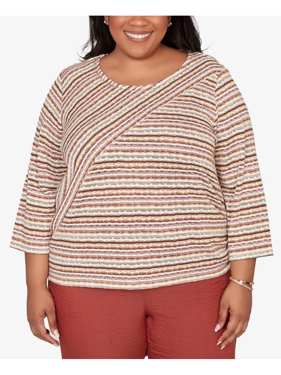 Топ с текстурным рисунком и завязкой Spliced Textured Stripe Ruched Tie Alfred Dunner — изображение 1 из 5, коричневый мульти