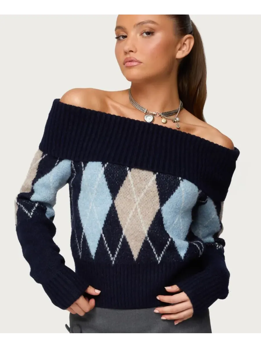 Женский свитер Jakarie Argyle Foldover Edikted — изображение 1 из 5, темно-синий