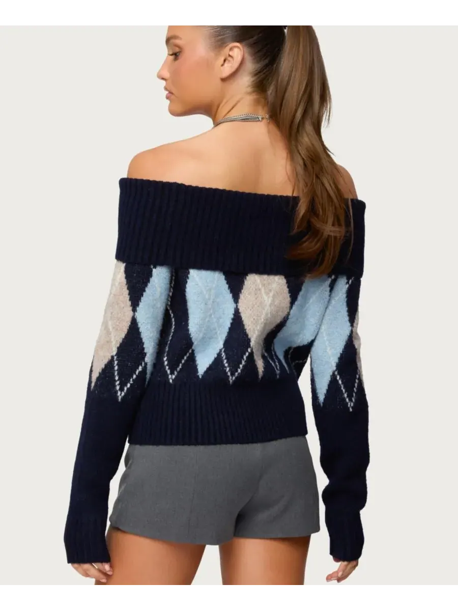 Женский свитер Jakarie Argyle Foldover Edikted — изображение 2 из 5, темно-синий