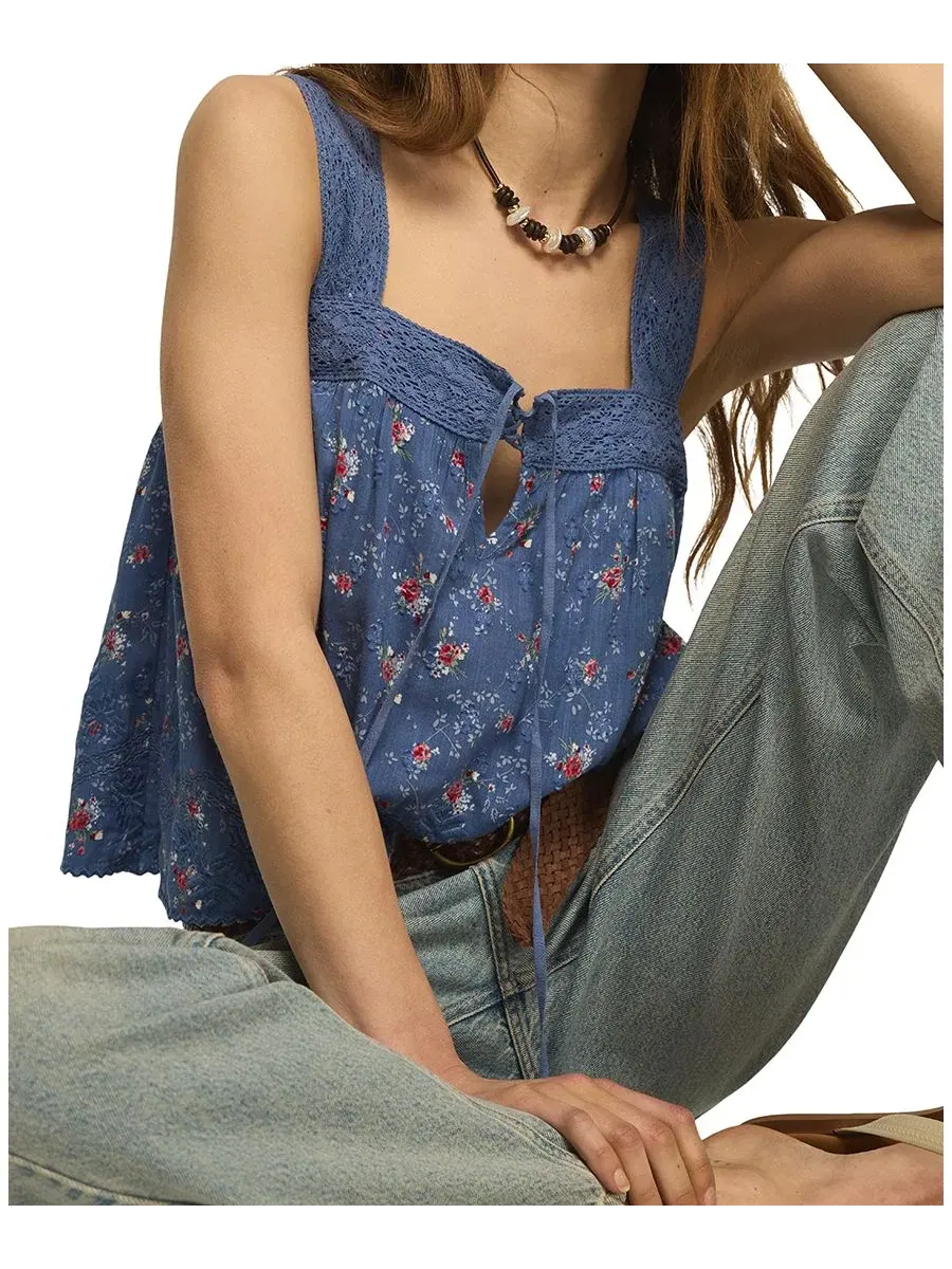 Женская майка с цветочной вышивкой и квадратным вырезом Lucky Brand — изображение 3 из 5, синий