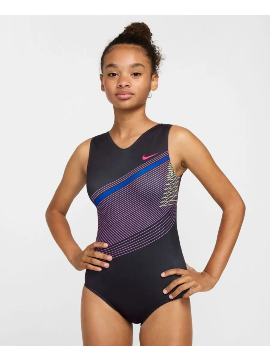 Гимнастический купальник Nike для девочек 7-16 лет с диагональной полосой Nike Gymnastics — изображение 1 из 6, черный
