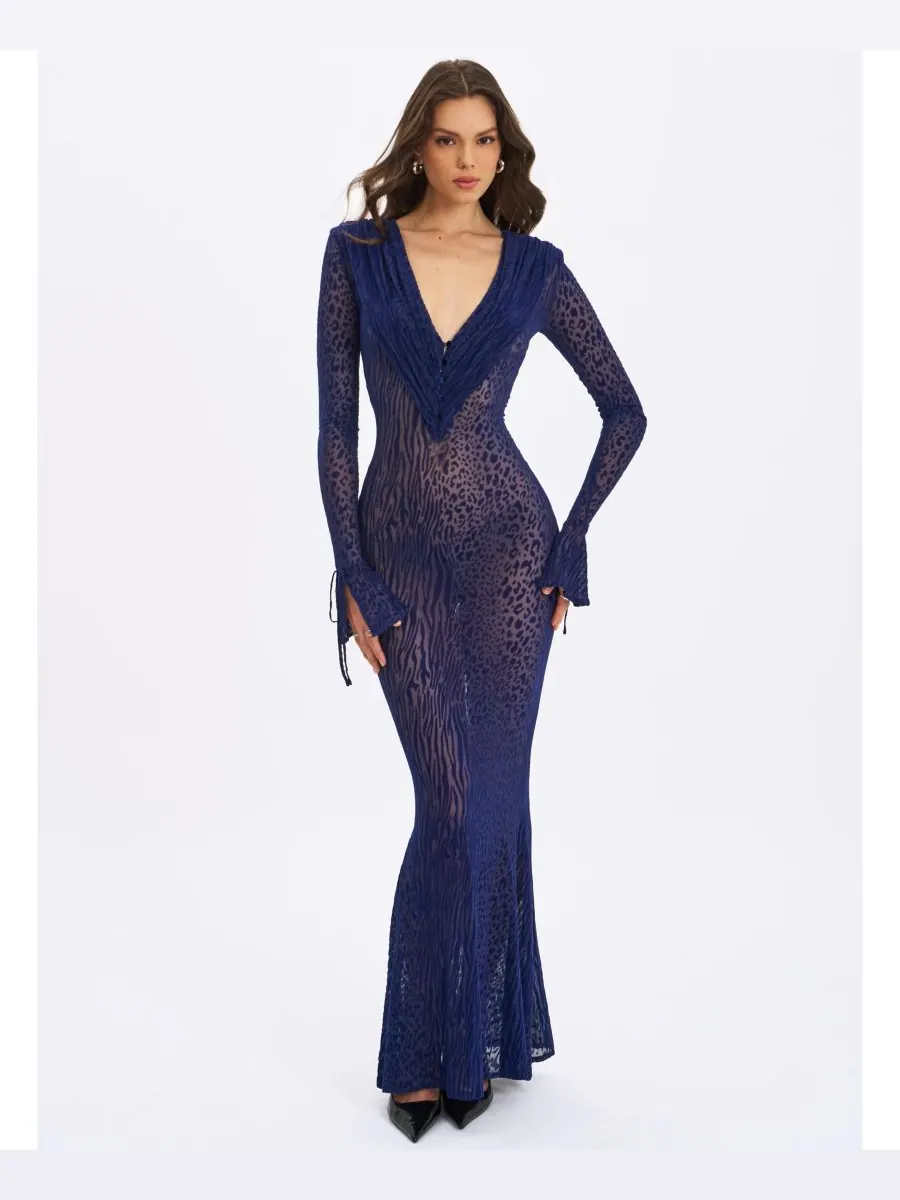 Женское длинное платье Ilyse темно-синего цвета с V-образным вырезом, глубоким декольте