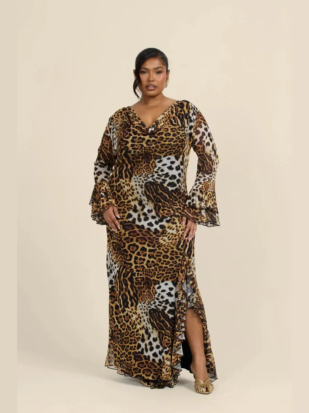 Женское длинное платье с оборками и леопардовым принтом FASHION-SZN CURVE — коричневый