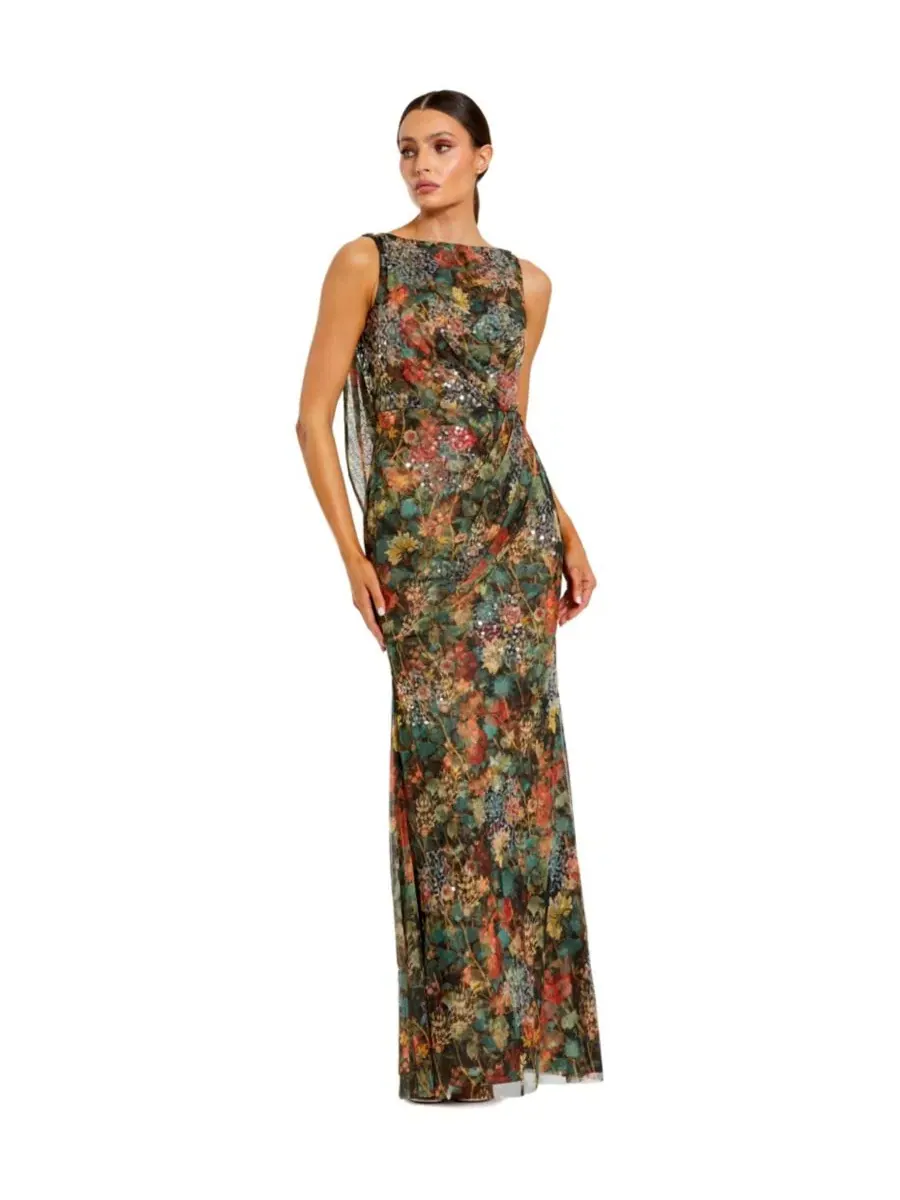 Платье-макси с принтом, модель High Neck Printed Mesh Cowl Back Column Gown Mac Duggal — изображение 1 из 3