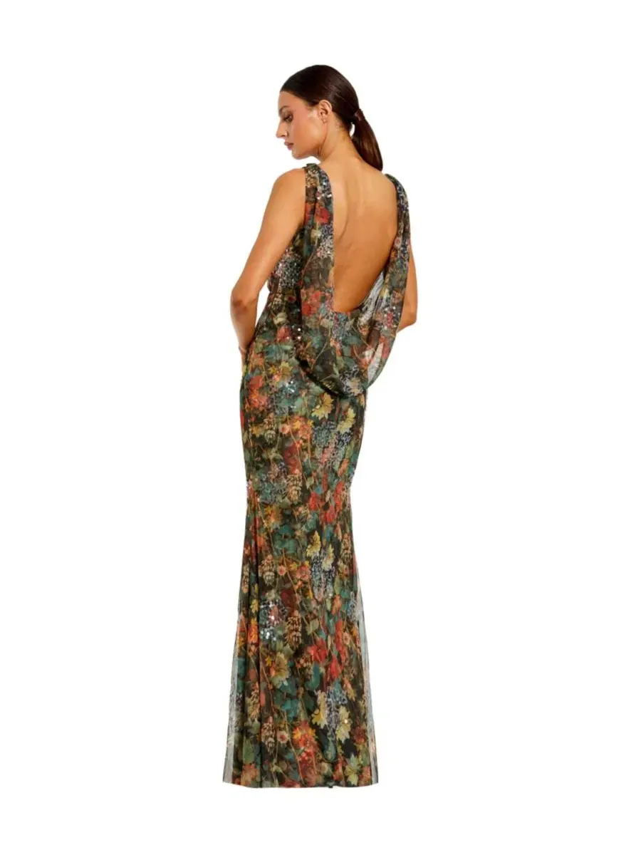 Платье-макси с принтом, модель High Neck Printed Mesh Cowl Back Column Gown Mac Duggal — изображение 2 из 3