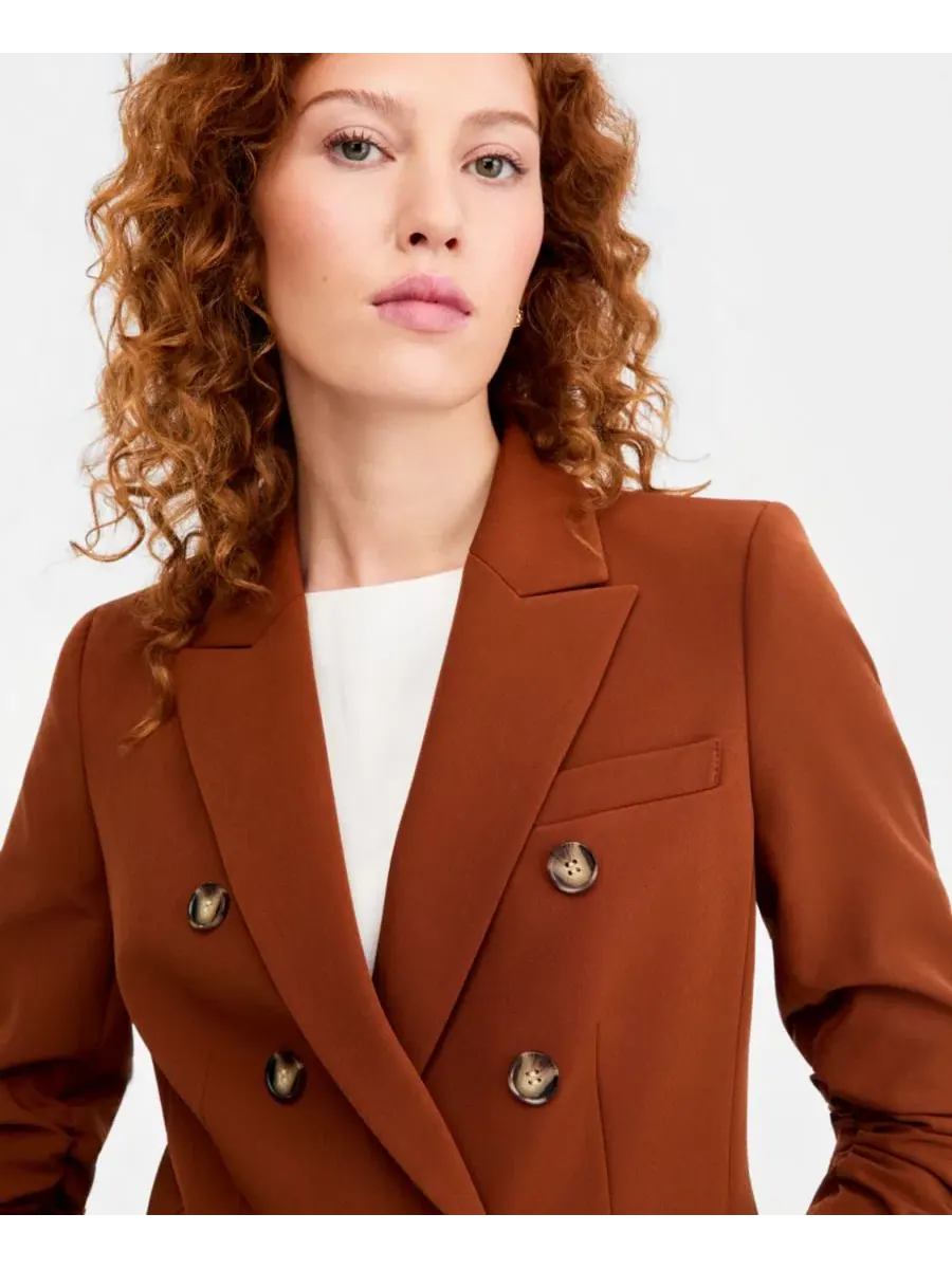 Жакет с рукавом-фонарик и одной пуговицей, Petite Ruched-Sleeve One-Button Blazer Tahari ASL — изображение 3 из 4, корица