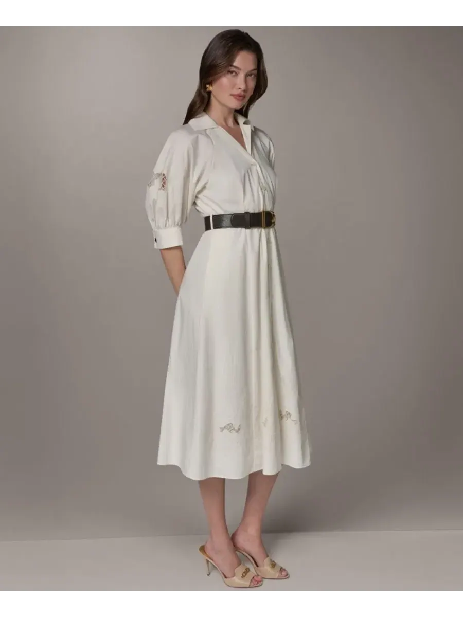 Женское платье-рубашка с воротником и поясом Donna Karan New York — изображение 2 из 11, кремовый/кремовый