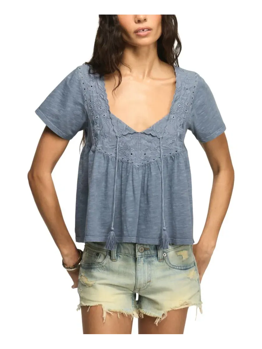 Женская блузка с коротким рукавом, вышитой кокеткой и бахромой Lucky Brand