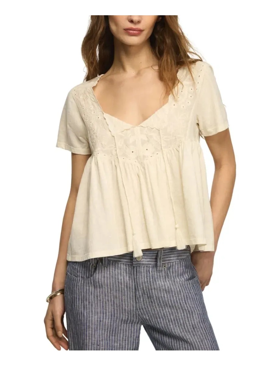 Женская блузка с коротким рукавом, вышитой кокеткой и бахромой Lucky Brand