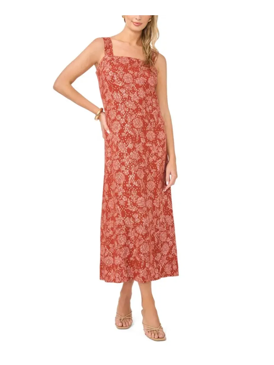 Платье-макси без рукавов с квадратным вырезом и принтом Smocked-Back Floral Vince Camuto — изображение 1 из 4, красный
