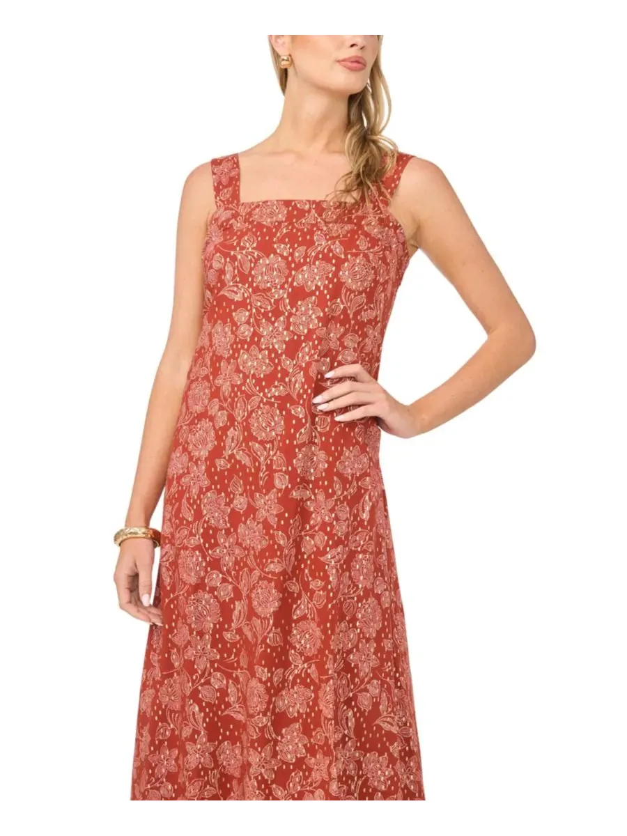 Платье-макси без рукавов с квадратным вырезом и принтом Smocked-Back Floral Vince Camuto — изображение 2 из 4, красный