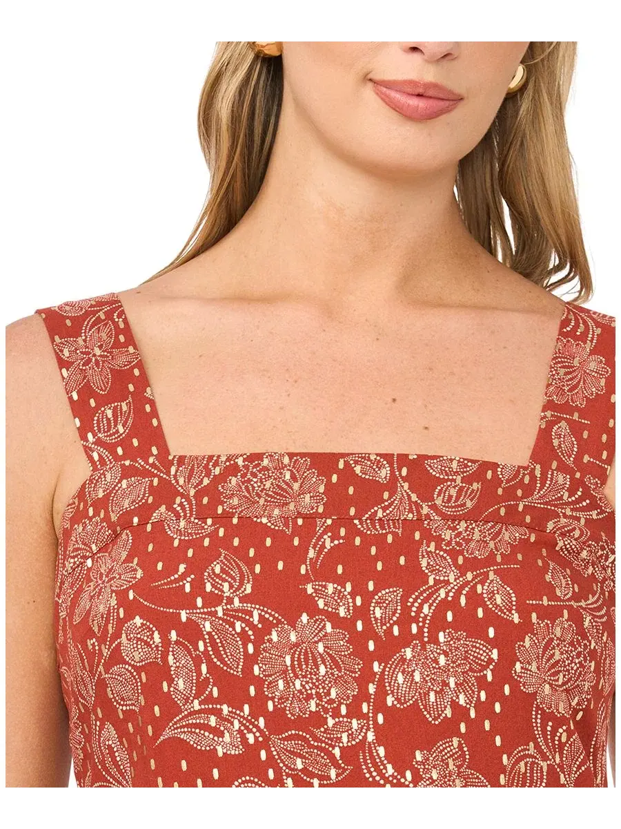 Платье-макси без рукавов с квадратным вырезом и принтом Smocked-Back Floral Vince Camuto — изображение 3 из 4, красный