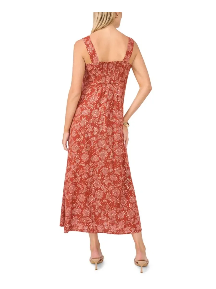 Платье-макси без рукавов с квадратным вырезом и принтом Smocked-Back Floral Vince Camuto — изображение 4 из 4, красный