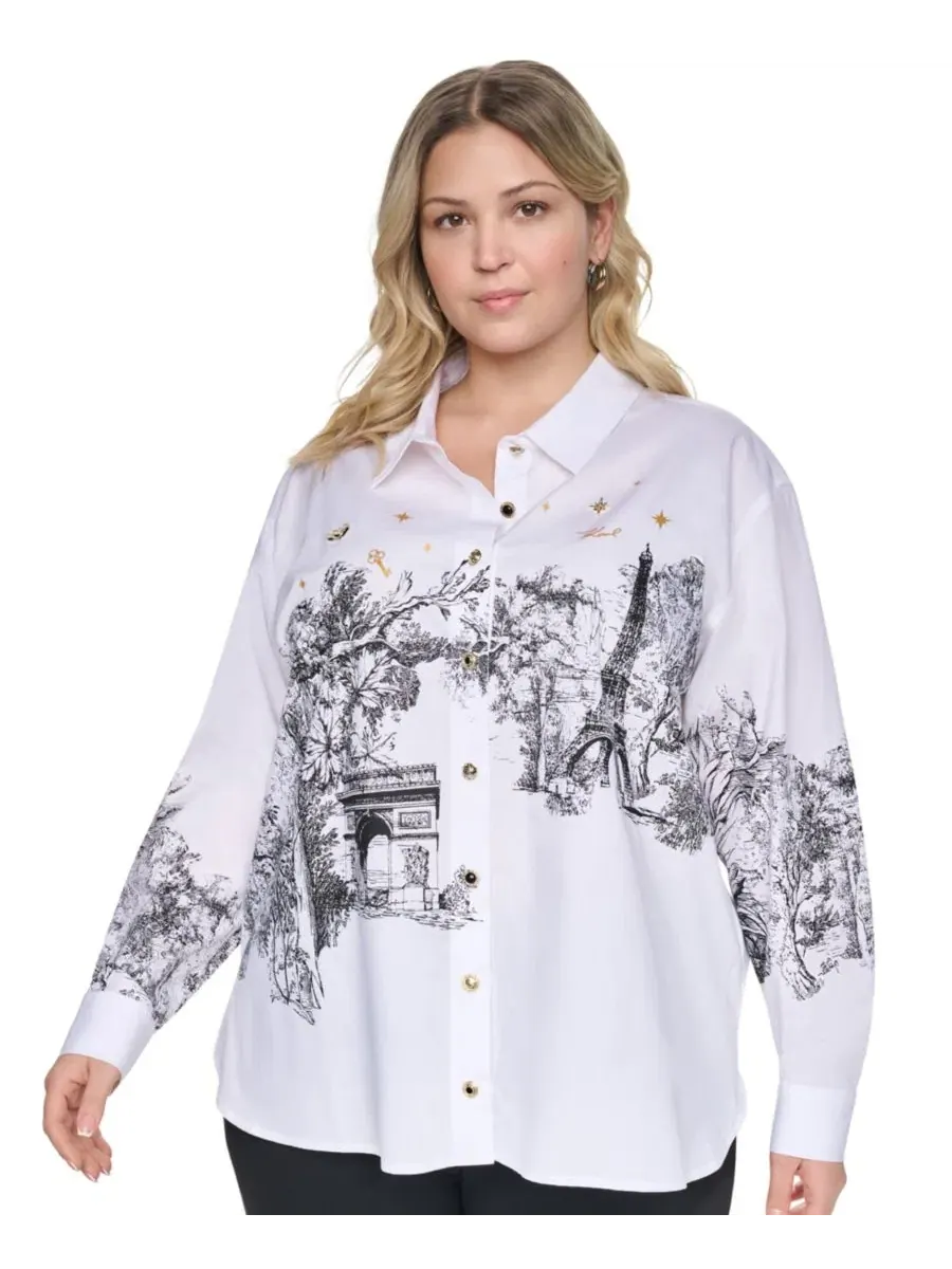 Топ с воротником и длинным рукавом City Scene Poplin KARL LAGERFELD PARIS — изображение 1 из 6, белый
