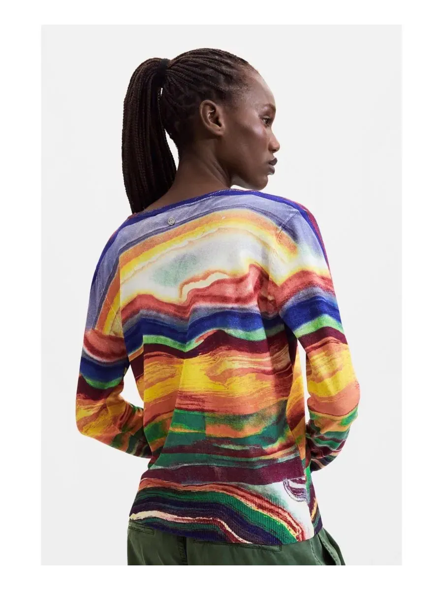 Свитер с V-образным вырезом и разноцветным волнистым принтом Desigual — изображение 4 из 5, желтый