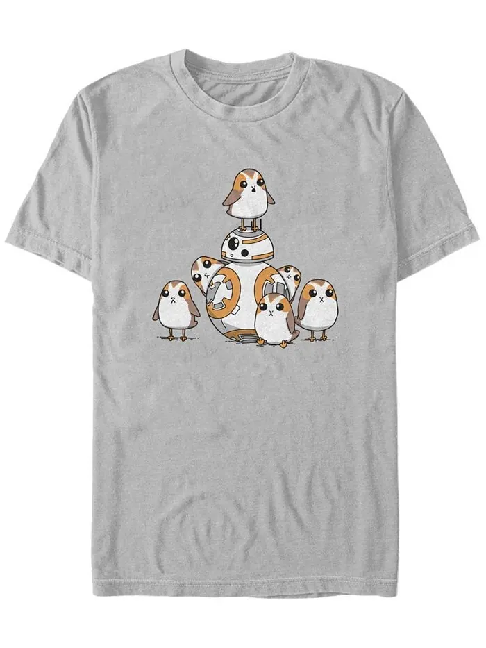 Мужская футболка с короткими рукавами «Звездные войны — Эпизод 8 BB8 и Porgs» Fifth Sun — изображение 1 из 1, серебристый