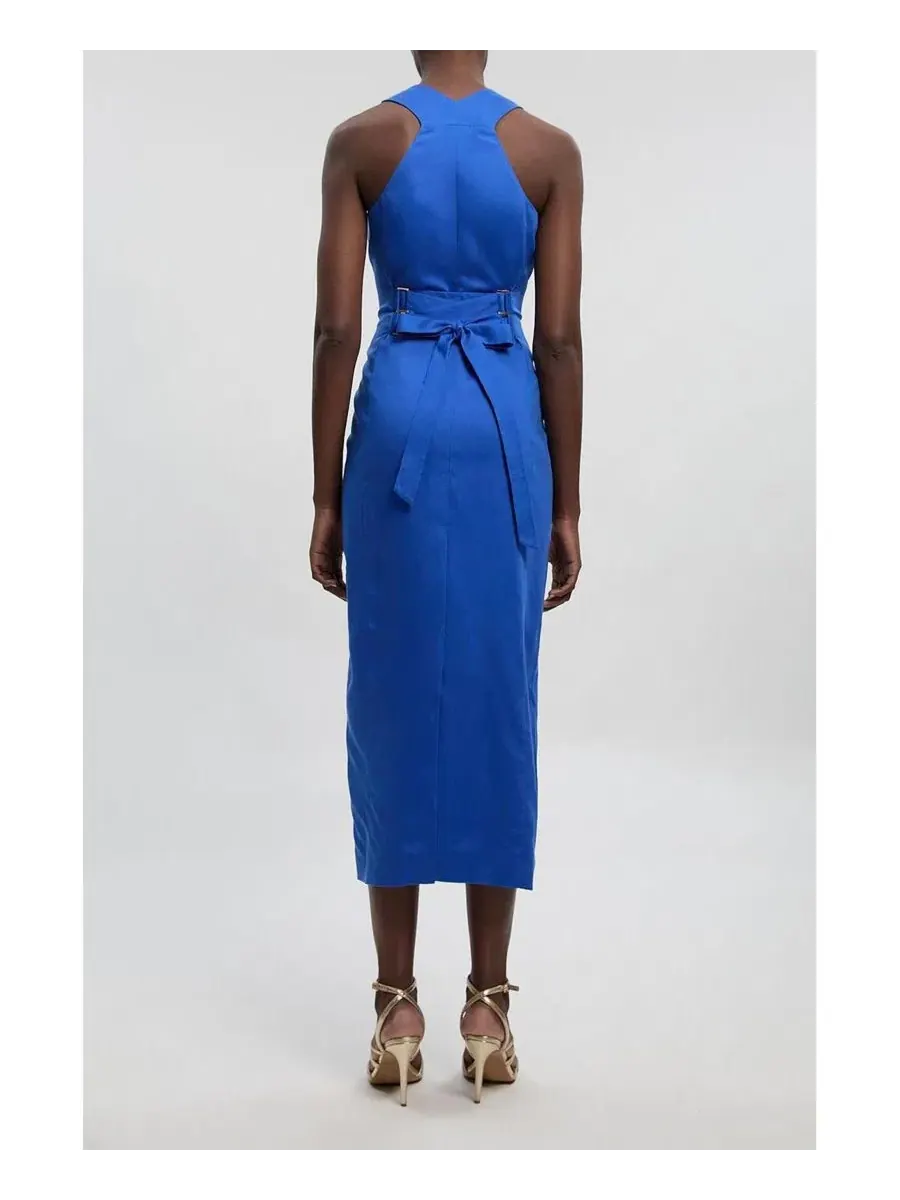 Платье миди с корсетной спинкой Tailored Linen Corset Back Midi Dress Karen Millen — изображение 4 из 6, синий